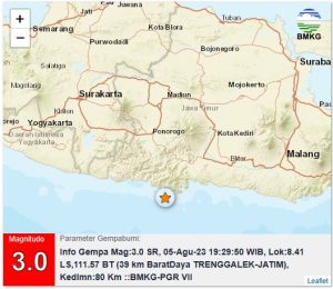 Info Gempa Mag:3.0, 05-Agu-23 19:29:50 WIB, Lok:8.41 LS,111.57 BT (39 km BaratDaya TRENGGALEK-JATIM), Kedlmn:80 Km ::BMKG-PGR VII