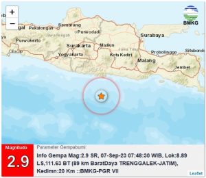 Info Gempa Mag:2.9, 07-Sep-23 07:48:30 WIB, Lok:8.89 LS,111.63 BT (89 km BaratDaya TRENGGALEK-JATIM), Kedlmn:20 Km ::BMKG-PGR VII