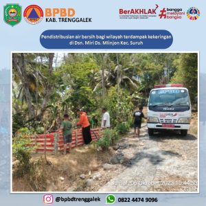 Jumat, 6 Oktober 2023 BPBD Kab. Trenggalek melaksanakan pendistribusian air bersih bagi masyarakat terdampak kekeringan di Ds. Mlinjon Kec. Suruh.
