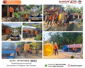 Senin, 9 Oktober 2023 BPBD Kab. Trenggalek melakukan giat pendistribusian air bersih untuk warga yang terdampak kekeringan di RT. 15, 16 RW. 10 Dsn. Gambar Ds. Bogoran Kec. Kampak