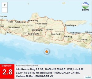Info Gempa Mag:2.8, 10-Okt-23 05:09:51 WIB, Lok:8.82 LS,111.60 BT (82 km BaratDaya TRENGGALEK-JATIM), Kedlmn:28 Km ::BMKG-PGR VII