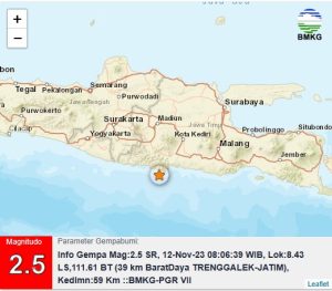 Info Gempa Mag:2.5, 12-Nov-23 08:06:39 WIB, Lok:8.43 LS,111.61 BT (39 km BaratDaya TRENGGALEK-JATIM), Kedlmn:59 Km ::BMKG-PGR VII