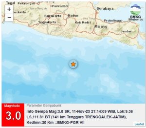 Info Gempa Mag:3.0, 11-Nov-23 21:14:09 WIB, Lok:9.36 LS,111.81 BT (141 km Tenggara TRENGGALEK-JATIM), Kedlmn:30 Km ::BMKG-PGR VII