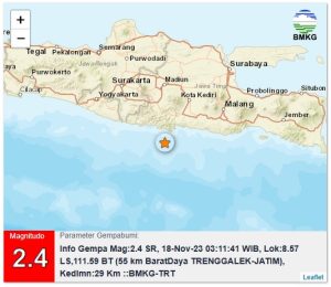 Info Gempa Mag:2.4, 18-Nov-23 03:11:41 WIB, Lok:8.57 LS,111.59 BT (55 km BaratDaya TRENGGALEK-JATIM), Kedlmn:29 Km ::BMKG-TRT