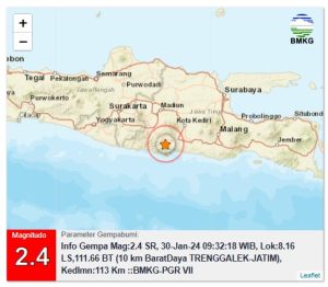 Info Gempa Mag:2.4, 30-Jan-24 09:32:18 WIB, Lok:8.16 LS,111.66 BT (10 km BaratDaya TRENGGALEK-JATIM), Kedlmn:113 Km ::BMKG-PGR VII