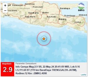 Info Gempa Mag:2.9, 22-May-24 20:41:09 WIB, Lok:9.16 LS,111.68 BT (119 km BaratDaya TRENGGALEK-JATIM), Kedlmn:12 Km ::BMKG-KRK