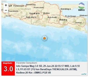 Info Gempa Mag:3.0, 29-Jun-24 22:55:17 WIB, Lok:9.10 LS,111.65 BT (112 km BaratDaya TRENGGALEK-JATIM), Kedlmn:20 Km ::BMKG-PGR VII