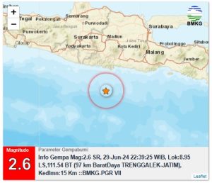 Info Gempa Mag:2.6, 29-Jun-24 22:39:25 WIB, Lok:8.95 LS,111.54 BT (97 km BaratDaya TRENGGALEK-JATIM), Kedlmn:15 Km ::BMKG-PGR VII