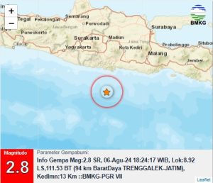 Info Gempa Mag:2.8, 06-Agu-24 18:24:17 WIB, Lok:8.92 LS,111.53 BT (94 km BaratDaya TRENGGALEK-JATIM), Kedlmn:13 Km ::BMKG-PGR VII