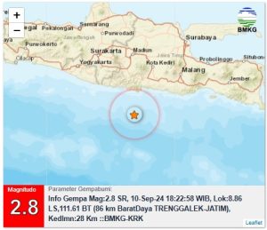 Info Gempa Mag:2.8, 10-Sep-24 18:22:58 WIB, Lok:8.86 LS,111.61 BT (86 km BaratDaya TRENGGALEK-JATIM), Kedlmn:28 Km ::BMKG-KRK