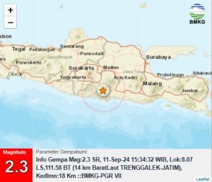 Info Gempa Mag:2.3, 11-Sep-24 15:34:32 WIB, Lok:8.07 LS,111.58 BT (14 km BaratLaut TRENGGALEK-JATIM), Kedlmn:18 Km ::BMKG-PGR VII
