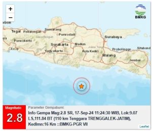 Info Gempa Mag:2.8, 17-Sep-24 11:24:30 WIB, Lok:9.07 LS,111.84 BT (110 km Tenggara TRENGGALEK-JATIM), Kedlmn:16 Km ::BMKG-PGR VII
