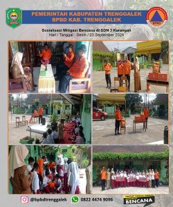 Senin, 23 September 2024 BPBD Kabupaten Trenggalek melaksanakan kegiatan Sosialisasi Mitigasi Bencana di SDN3 Karangan Kecamatan Karangan