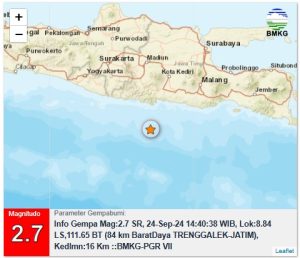 Info Gempa Mag:2.7, 24-Sep-24 14:40:38 WIB, Lok:8.84 LS,111.65 BT (84 km BaratDaya TRENGGALEK-JATIM), Kedlmn:16 Km ::BMKG-PGR VII