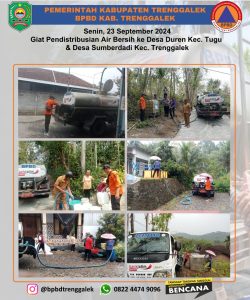 Senin, 23 September 2024 BPBD Kab. Trenggalek mendistribusikan air bersih ke Ds. Duren Kec. Tugu dan Ds. Sumberdadi Kec. Trenggalek