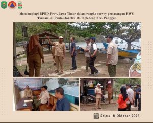 Selasa, 8 Oktober 2024 BPBD Kab. Trenggalek mendampingi BPBD Prov. Jawa Timur dalam rangka survey pemasangan Early Warning System (EWS) Tsunami