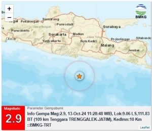Info Gempa Mag:2.9, 13-Oct-24 11:28:48 WIB, Lok:9.06 LS,111.83 BT (109 km Tenggara TRENGGALEK-JATIM), Kedlmn:10 Km ::BMKG-TRT