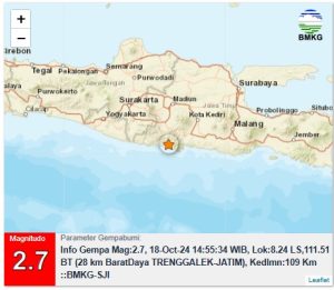 Info Gempa Mag:2.7, 18-Oct-24 14:55:34 WIB, Lok:8.24 LS,111.51 BT (28 km BaratDaya TRENGGALEK-JATIM), Kedlmn:109 Km ::BMKG-SJI
