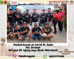 Minggu, 20 Oktober 2024 BPBD Kabupaten Trenggalek bersama UD. Agung Jaya Abadi (Ndorobosh) mendistribusiakan bantuan air bersih