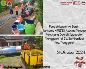 Kamis, 31 Oktober 2024 BPBD Kab. Trenggalek bersama APPEDE ( Asosiasi Tenaga Penunjang Daerah kabupaten Trenggalek ) mendistribusikan bantuan air bersih