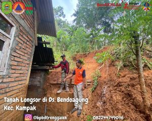 Senin 11 November 2024 pukul 17.00 WIB. BPBD Kabupaten Trenggalek Melaporkan Tanah Longsor di rumah Bpk. Somo Warga RT 37 RW 08 Dsn. Kedungdowo Ds. Bendoagung Kec. Kampak
