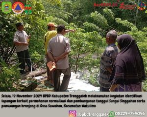 Badan Penanggulangan Bencana Daerah (BPBD) Kabupaten Trenggalek telah melaksanakan kegiatan identifikasi lapangan terkait permohonan normalisasi dan pembangunan tanggul Sungai Singgahan