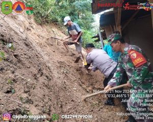 Hujan deras diwilayah Kec. Tugu hari Rabu 20 November 2024 pukul 16.00 WIB, mengakibatkan Tebing longsor dengan tinggi 4 m, panjang 15 m dan lebar 3 m yang menimpa dinding dapur rumah Bpk. Muhadi Warga RT. 33 RW. 06 Dsn. Pakel, Ds. Prambon, Kec. Tugu